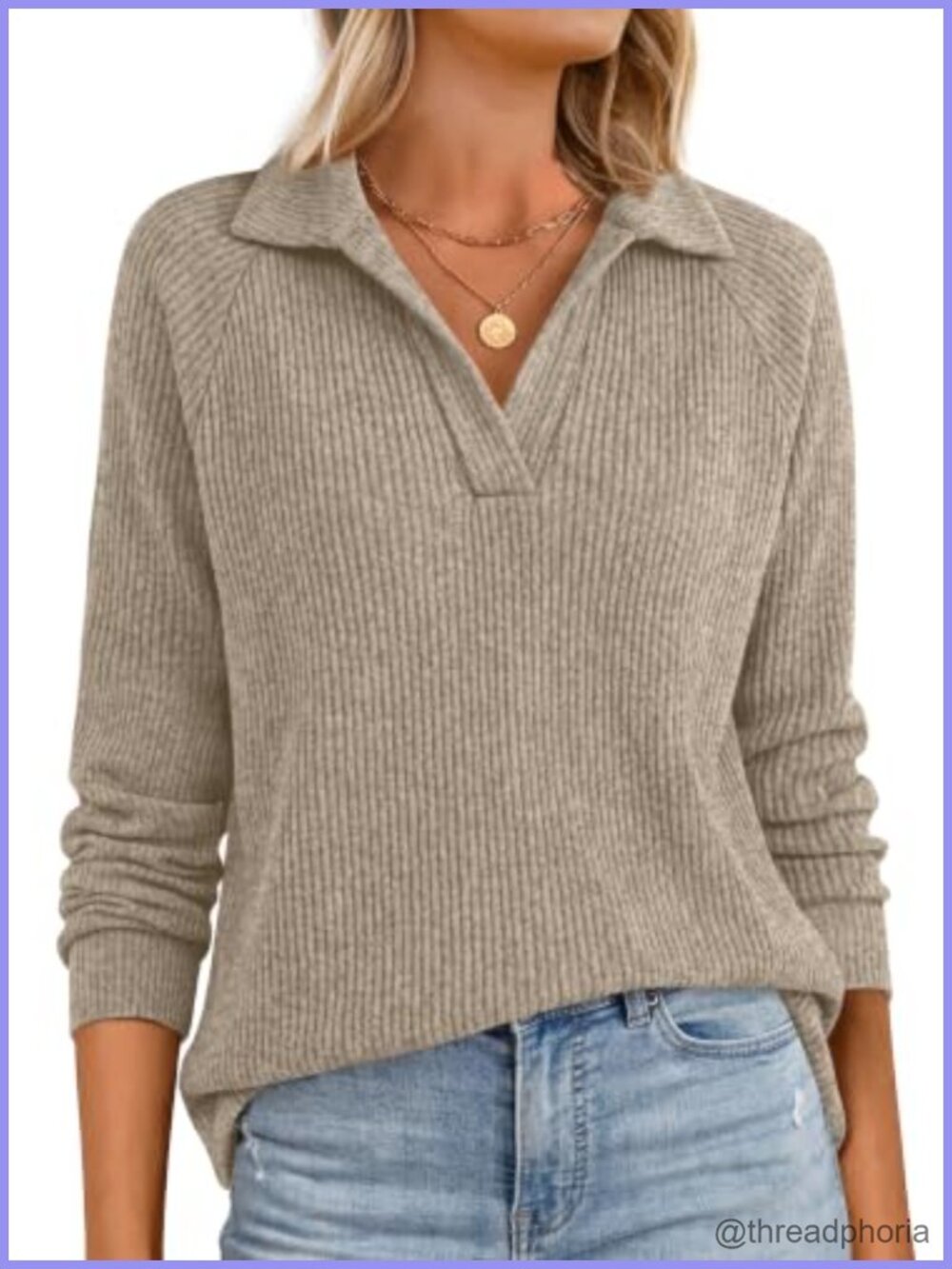 Womens V Neck Long Sleeve Ribbed Knit Polo Top Contrast Collar Pullover